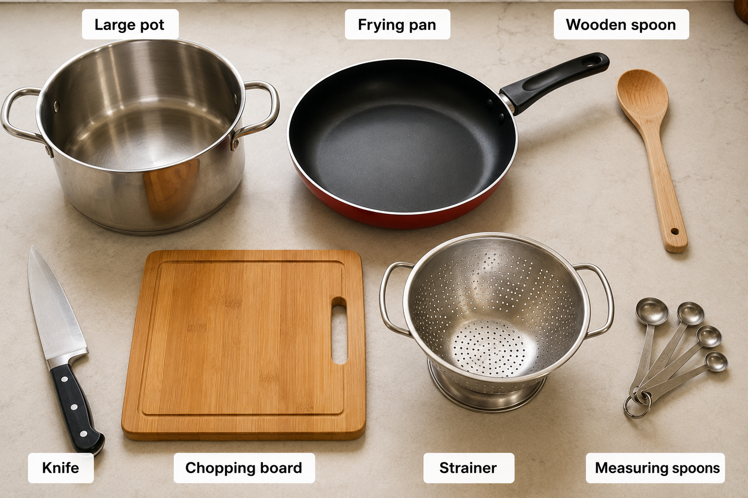 a picture of large pot, frying pan, knife, chopping board, strainer and measuring spoon