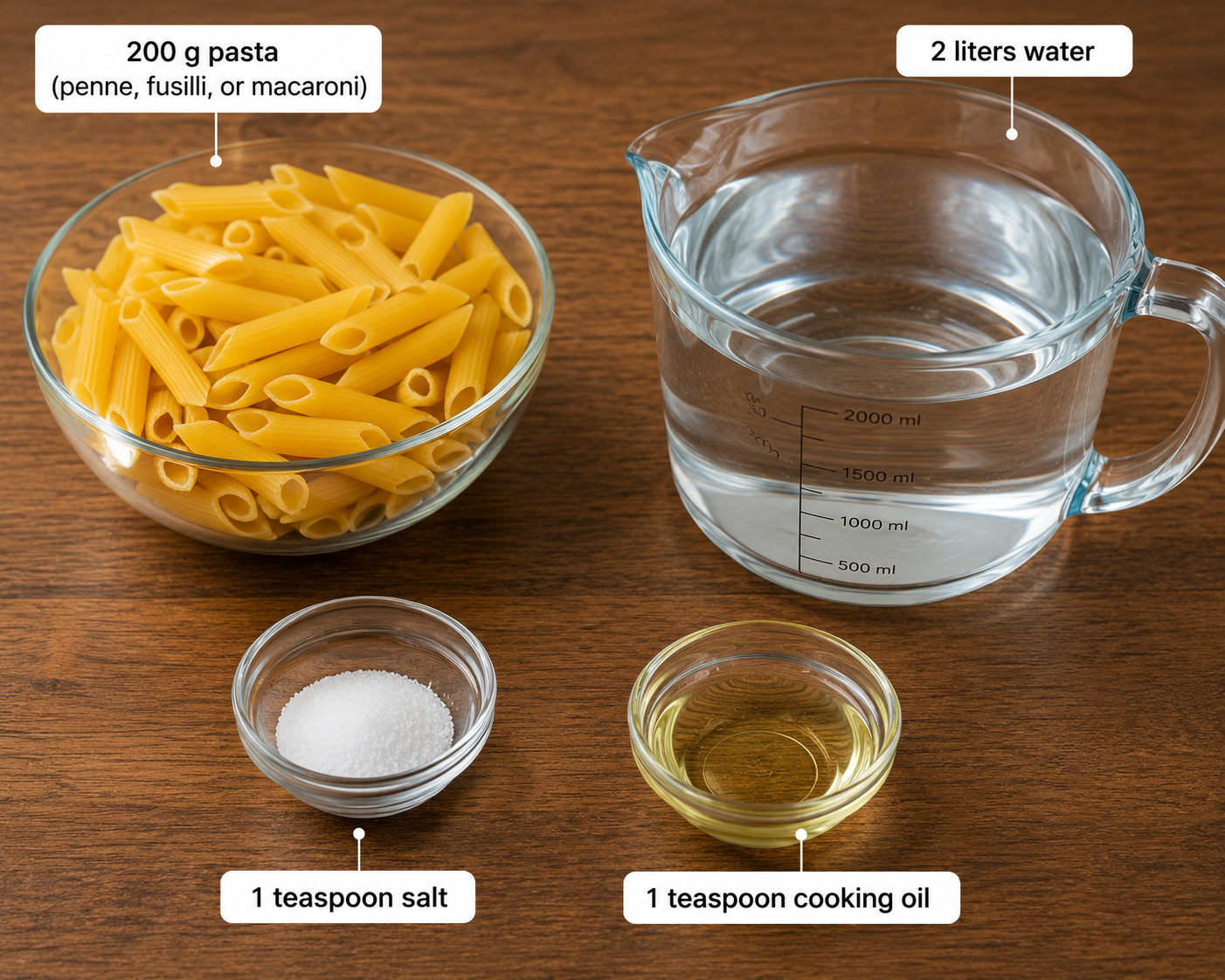 a picture of pasta, water, salt and cooking oil