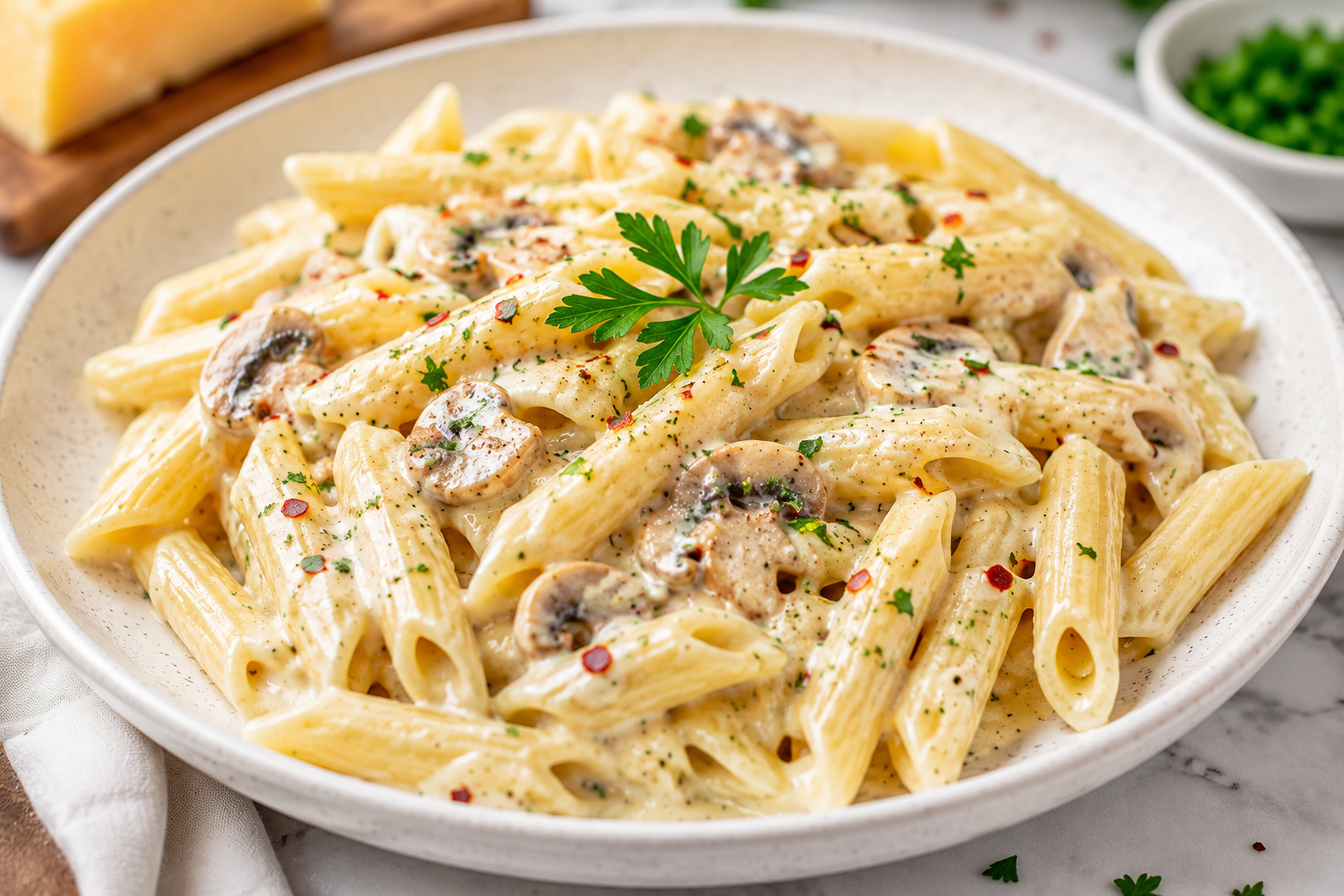 a creamy white sauce pasta photo in bowl