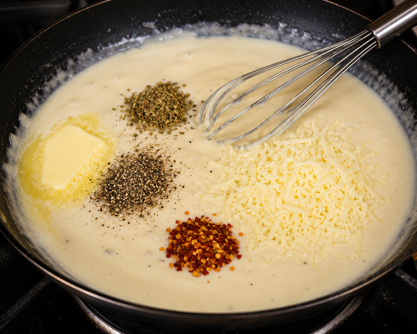 white sauce of butter, maida, milk, salt, black pepper, oregano, chili flakes, grated mozzarella and cheddar cheese