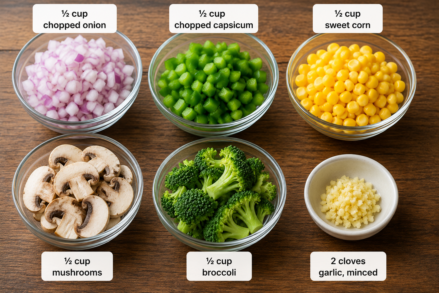 a picture chopped onion, chopped capsicum, sweet corn, mushrooms, broccoli, gralic and minced
