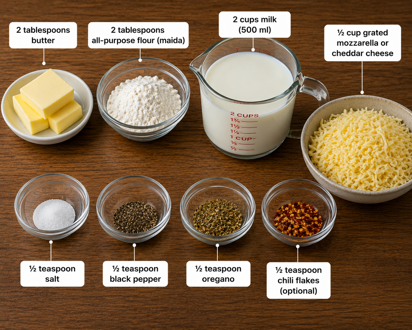 a picture of butter, maida, milk, salt, black pepper, oregano, chili flakes, grated mozzarella andcheddar cheese